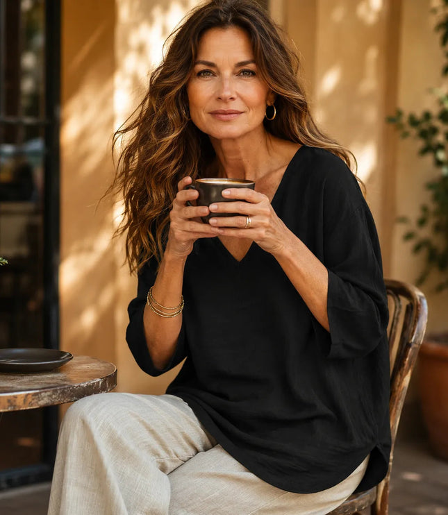 Women's Curved-Hem 3/4 Sleeve Draped V-Neck Blouse