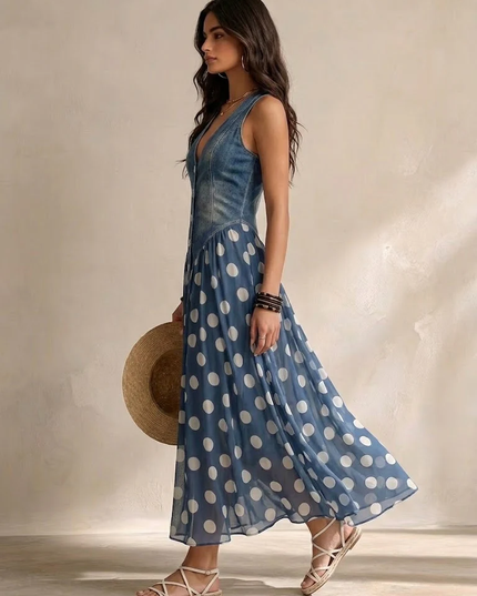 Women's Denim Bodice Polka Dot Midi Dress