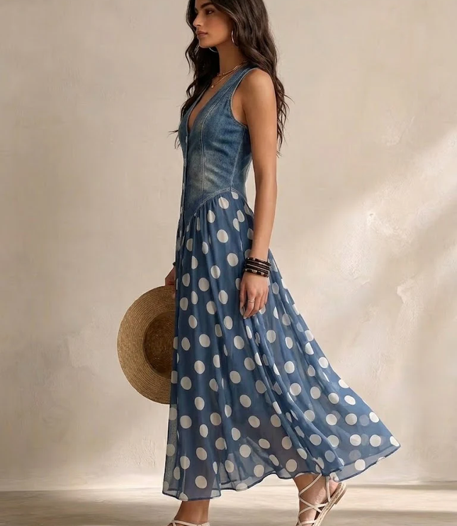Women's Denim Bodice Polka Dot Midi Dress