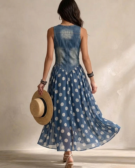 Women's Denim Bodice Polka Dot Midi Dress