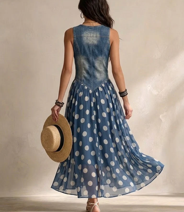Women's Denim Bodice Polka Dot Midi Dress