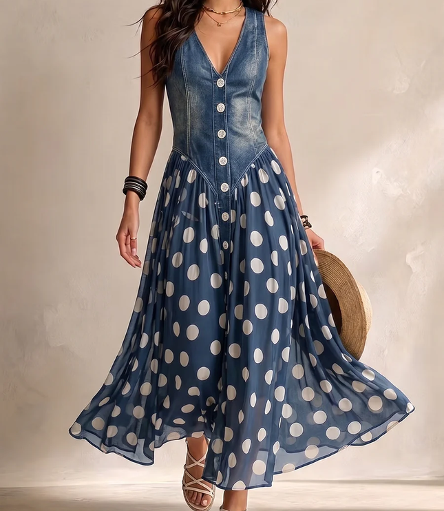 Women's Denim Bodice Polka Dot Midi Dress