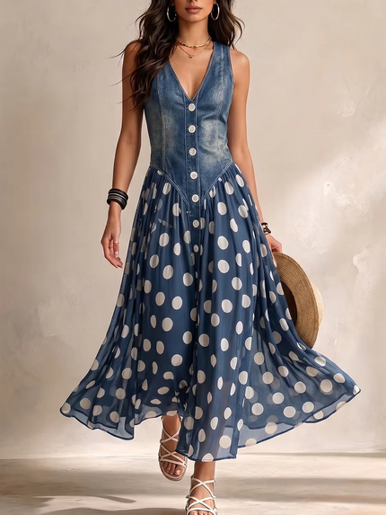 Women's Denim Bodice Polka Dot Midi Dress
