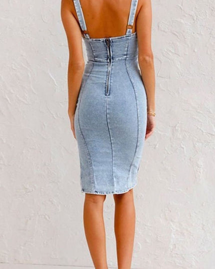 Women's Denim Midi Dress with a Side Split and Slim Straps