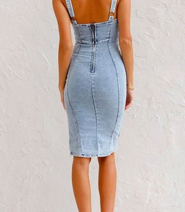 Women's Denim Midi Dress with a Side Split and Slim Straps