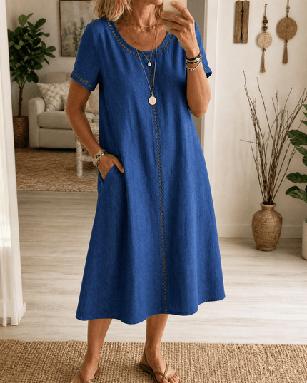 Women's Denim Midi Dress with Eyelet Trim and Short Sleeve Cuffs