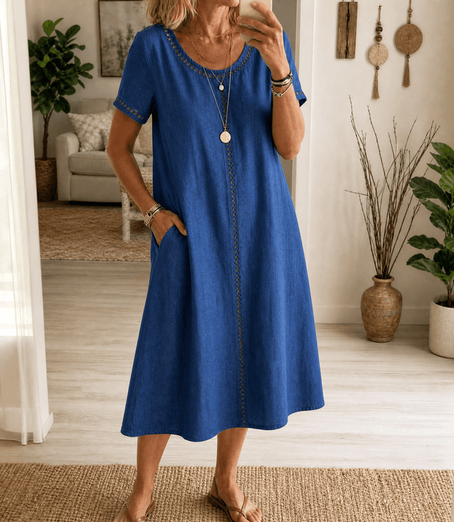 Women's Denim Midi Dress with Eyelet Trim and Short Sleeve Cuffs