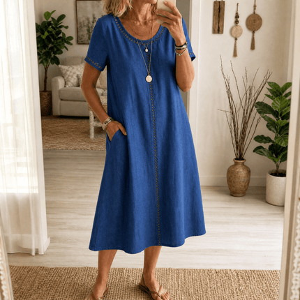 Women's Denim Midi Dress with Eyelet Trim and Short Sleeve Cuffs