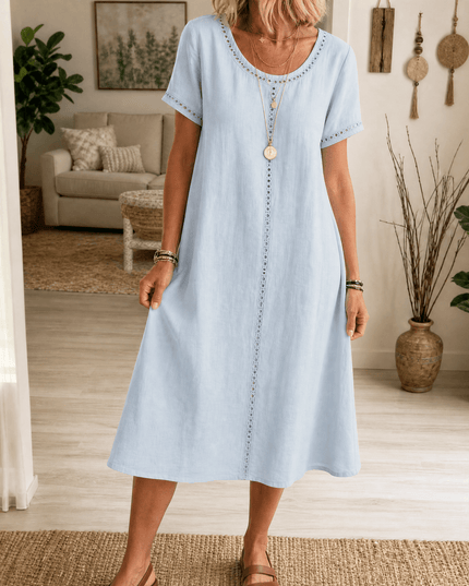 Women's Denim Midi Dress with Eyelet Trim and Short Sleeve Cuffs