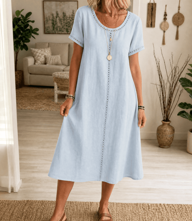 Women's Denim Midi Dress with Eyelet Trim and Short Sleeve Cuffs