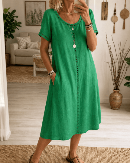 Women's Denim Midi Dress with Eyelet Trim and Short Sleeve Cuffs