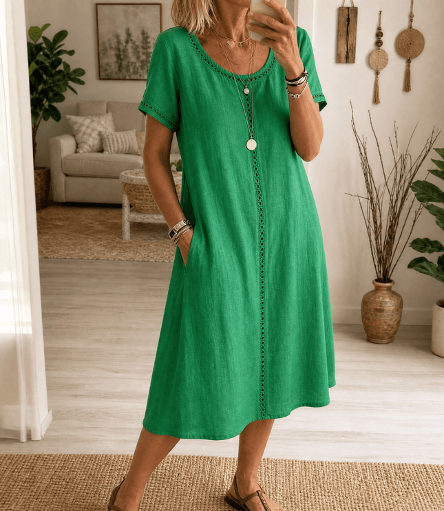 Women's Denim Midi Dress with Eyelet Trim and Short Sleeve Cuffs