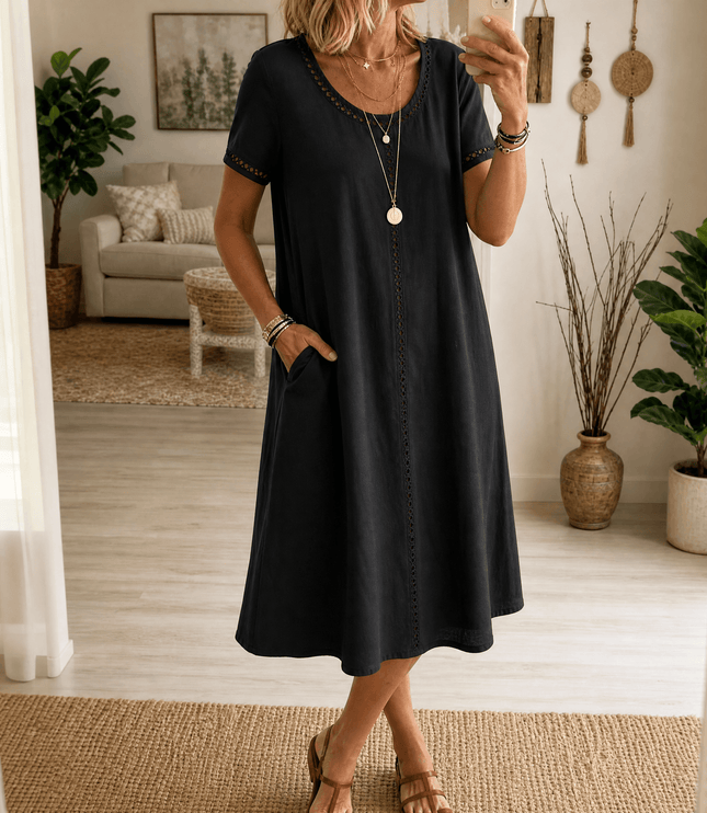Women's Denim Midi Dress with Eyelet Trim and Short Sleeve Cuffs