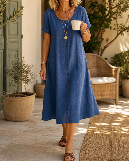 Women's Denim Midi Dress with Eyelet Trim and Short Sleeve Cuffs