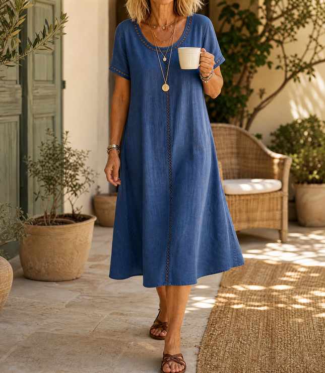 Women's Denim Midi Dress with Eyelet Trim and Short Sleeve Cuffs