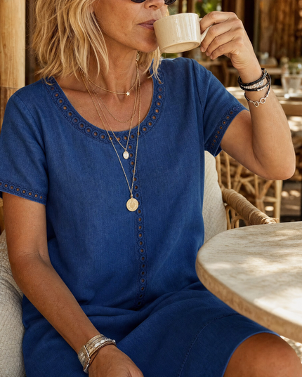 Women's Denim Midi Dress with Eyelet Trim and Short Sleeve Cuffs