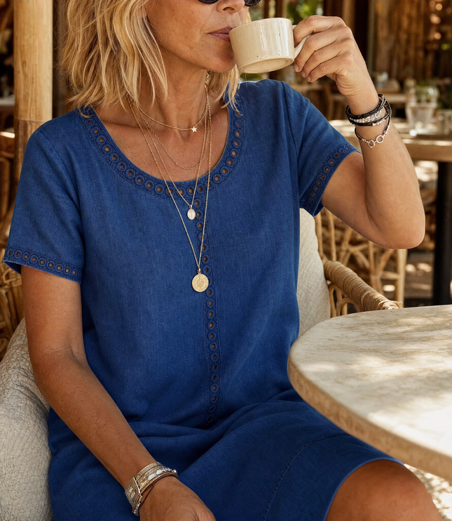 Women's Denim Midi Dress with Eyelet Trim and Short Sleeve Cuffs