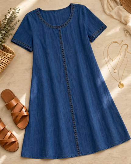 Women's Denim Midi Dress with Eyelet Trim and Short Sleeve Cuffs