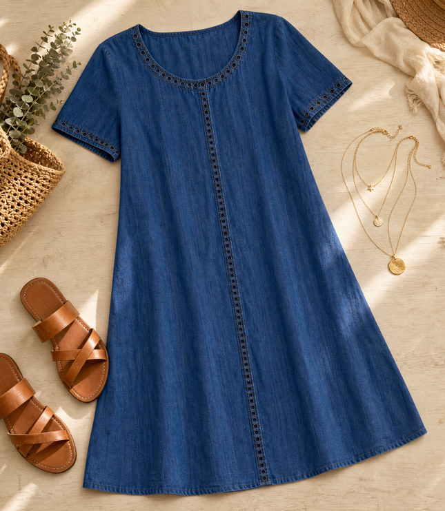 Women's Denim Midi Dress with Eyelet Trim and Short Sleeve Cuffs