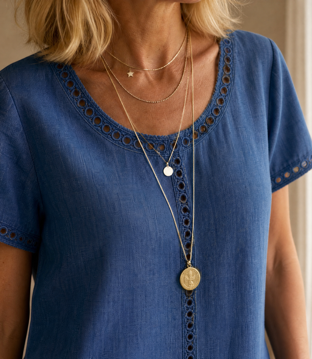 Women's Denim Midi Dress with Eyelet Trim and Short Sleeve Cuffs