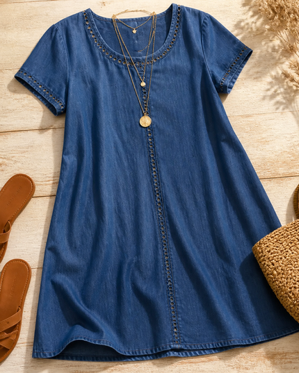 Women's Denim Midi Dress with Eyelet Trim and Short Sleeve Cuffs