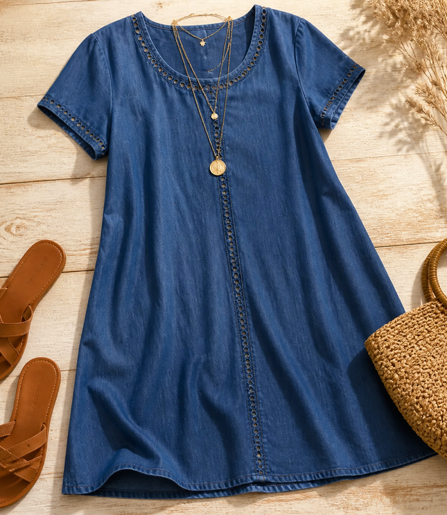 Women's Denim Midi Dress with Eyelet Trim and Short Sleeve Cuffs