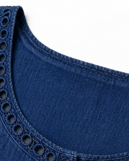 Women's Denim Midi Dress with Eyelet Trim and Short Sleeve Cuffs