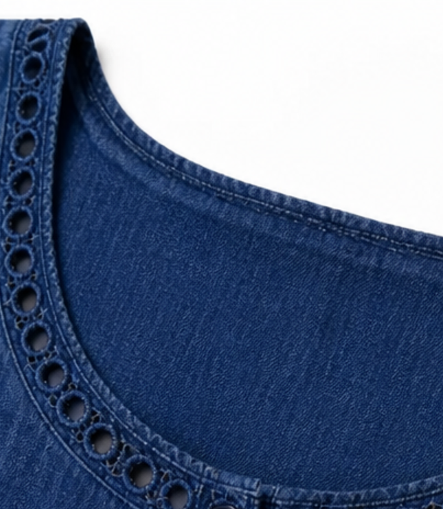 Women's Denim Midi Dress with Eyelet Trim and Short Sleeve Cuffs