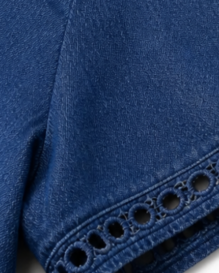 Women's Denim Midi Dress with Eyelet Trim and Short Sleeve Cuffs