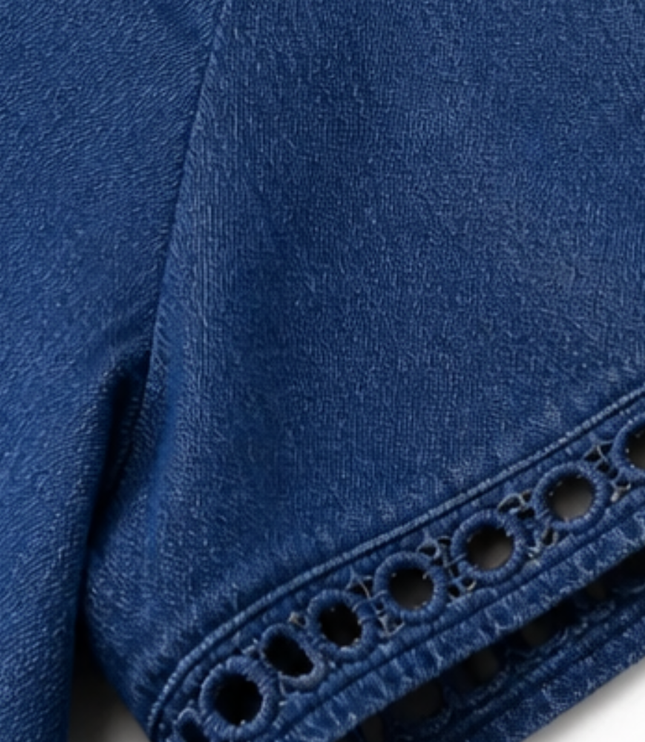 Women's Denim Midi Dress with Eyelet Trim and Short Sleeve Cuffs