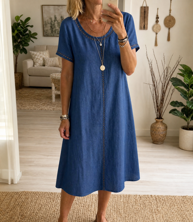 Women's Denim Midi Dress with Eyelet Trim and Short Sleeve Cuffs