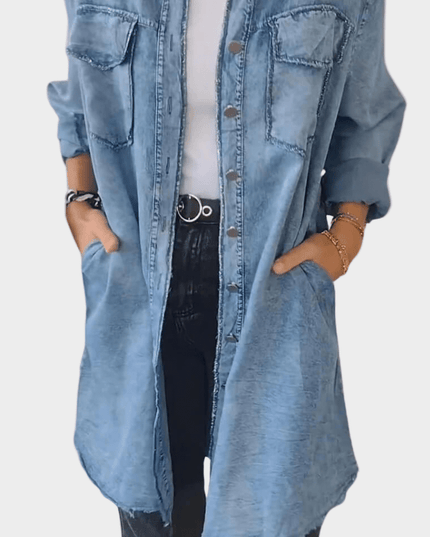 Women's Denim Shirt Mini Dress with Button Front and Raw Hem
