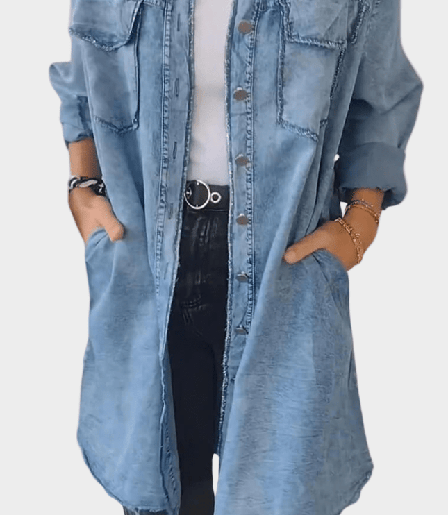 Women's Denim Shirt Mini Dress with Button Front and Raw Hem