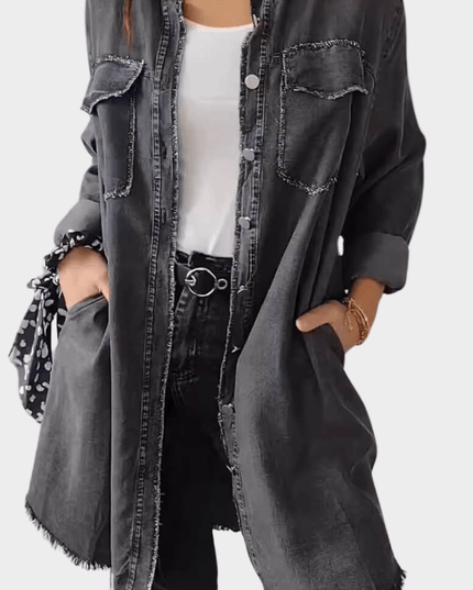 Women's Denim Shirt Mini Dress with Button Front and Raw Hem