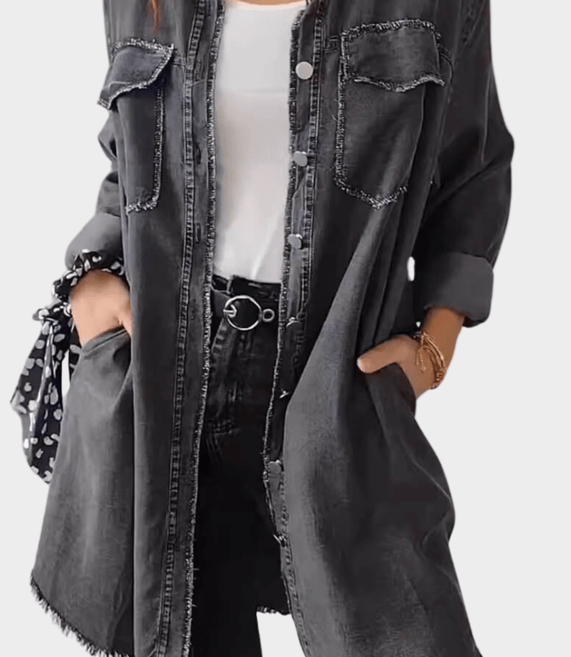 Women's Denim Shirt Mini Dress with Button Front and Raw Hem