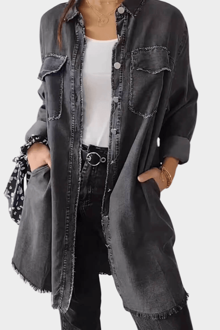 Women's Denim Shirt Mini Dress with Button Front and Raw Hem