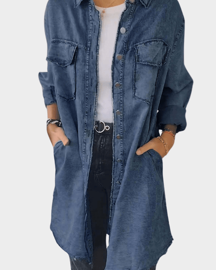 Women's Denim Shirt Mini Dress with Button Front and Raw Hem