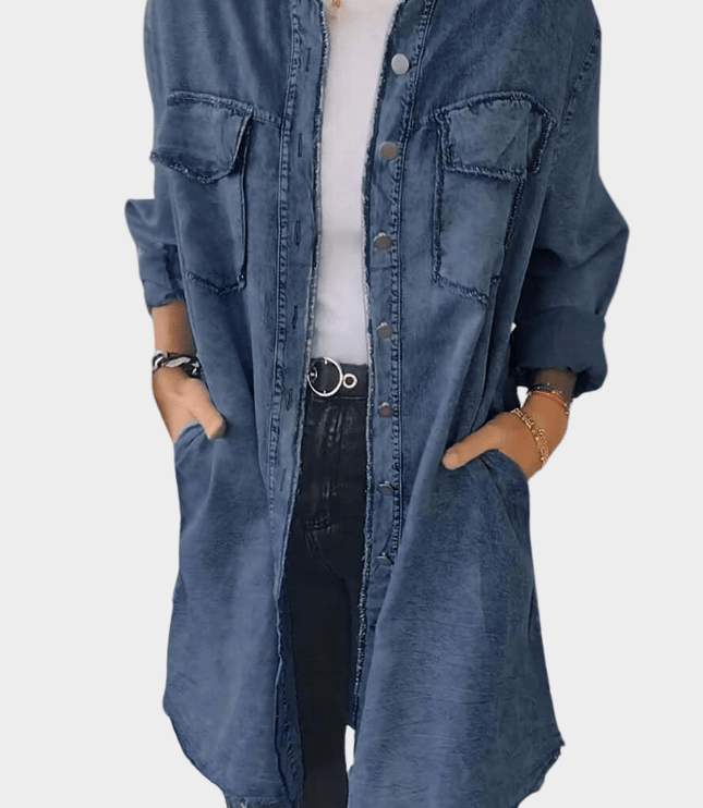 Women's Denim Shirt Mini Dress with Button Front and Raw Hem