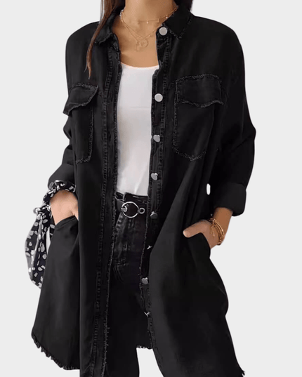 Women's Denim Shirt Mini Dress with Button Front and Raw Hem