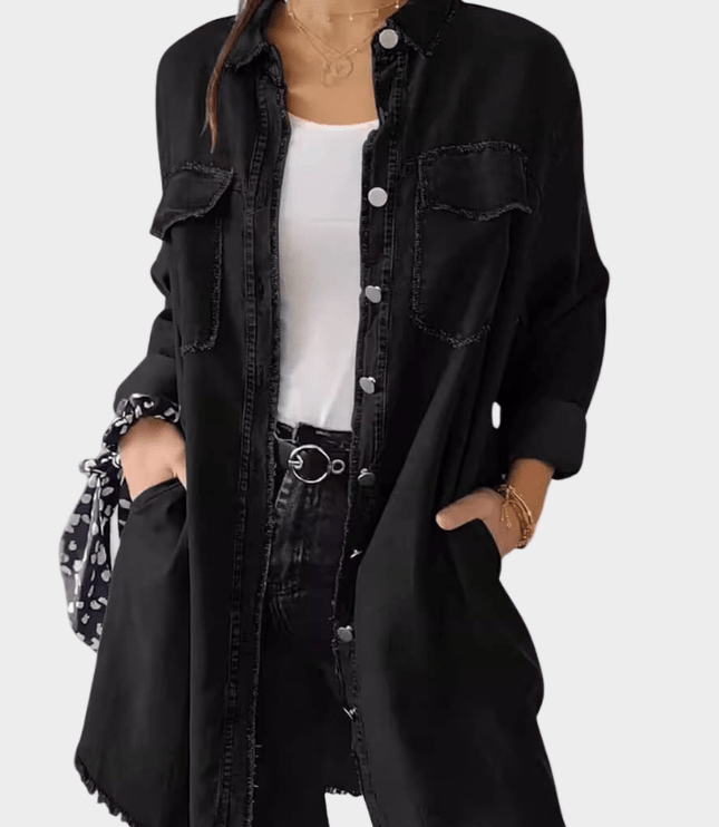 Women's Denim Shirt Mini Dress with Button Front and Raw Hem