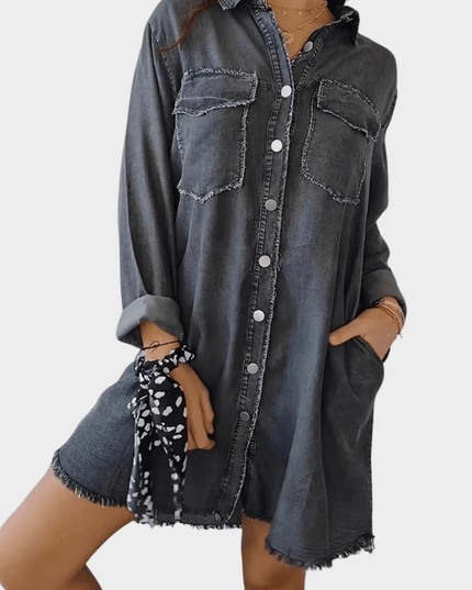 Women's Denim Shirt Mini Dress with Button Front and Raw Hem