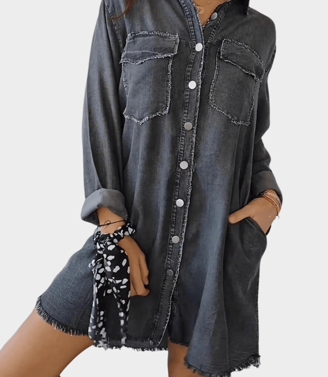 Women's Denim Shirt Mini Dress with Button Front and Raw Hem