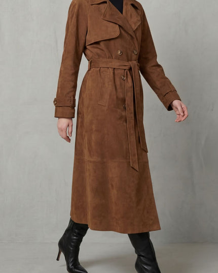 Women's Double Breasted Trench Coat in Brown Suede with Wide Lapels