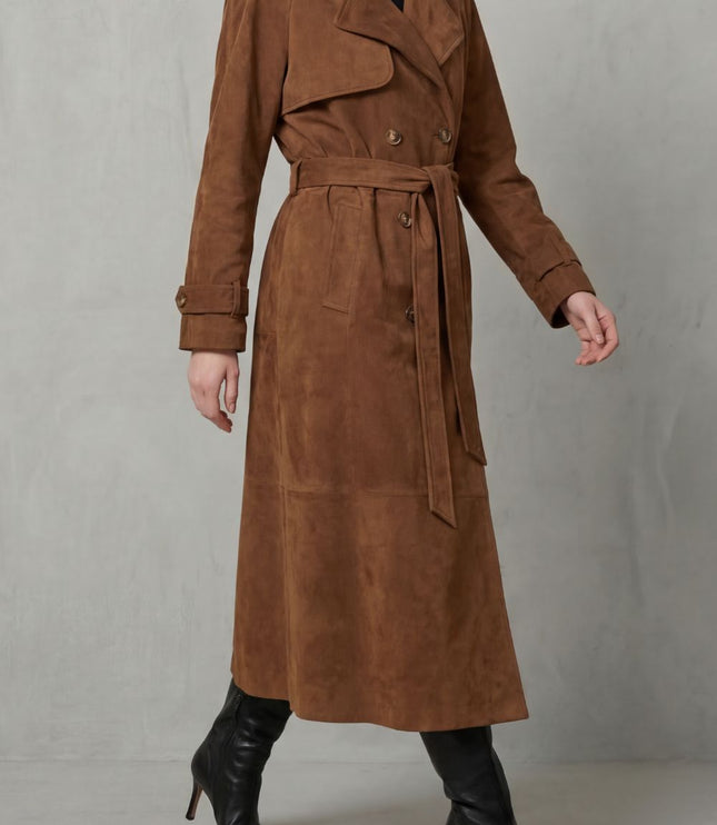 Women's Double Breasted Trench Coat in Brown Suede with Wide Lapels