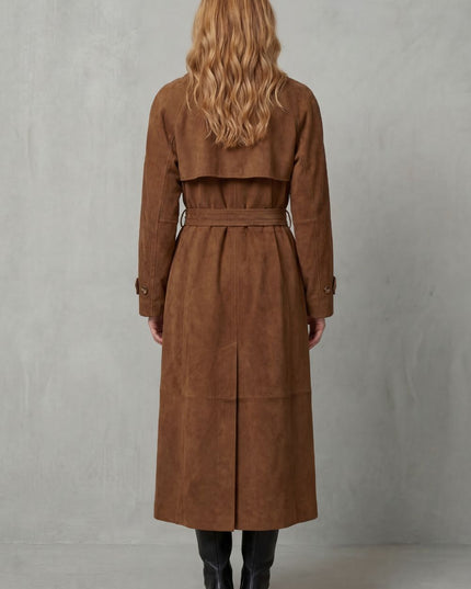 Women's Double Breasted Trench Coat in Brown Suede with Wide Lapels