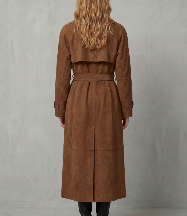 Women's Double Breasted Trench Coat in Brown Suede with Wide Lapels