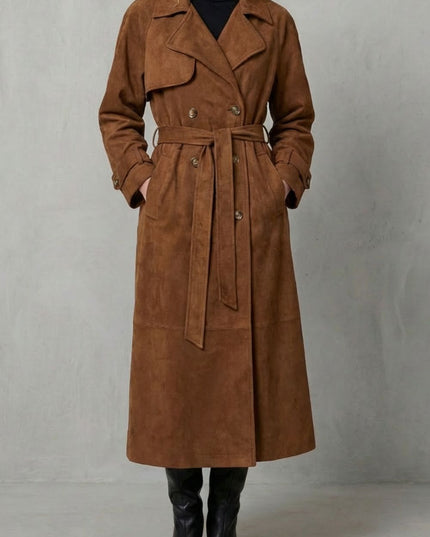 Women's Double Breasted Trench Coat in Brown Suede with Wide Lapels