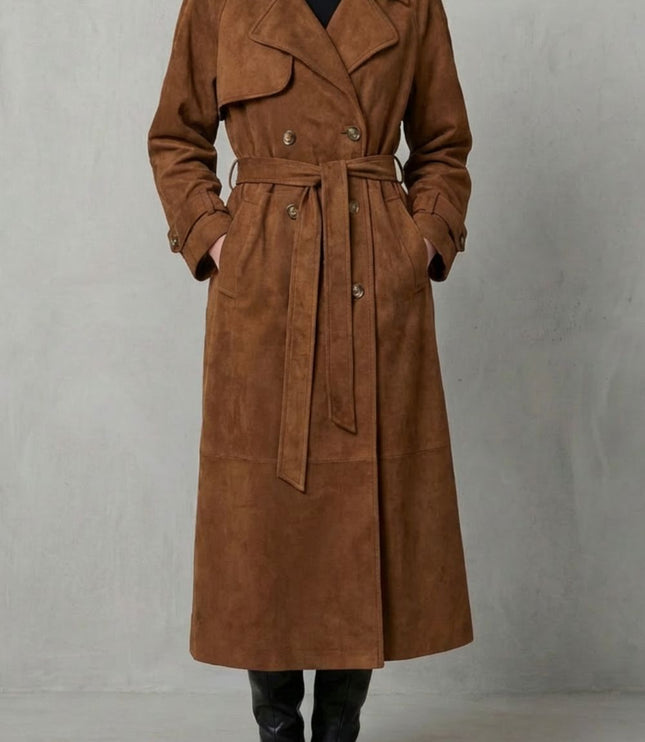 Women's Double Breasted Trench Coat in Brown Suede with Wide Lapels