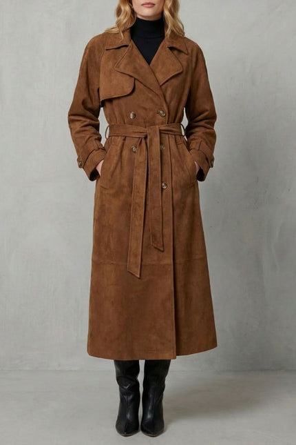 Women's Double Breasted Trench Coat in Brown Suede with Wide Lapels