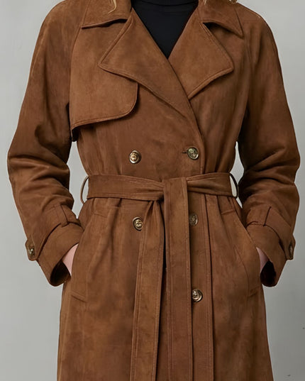 Women's Double Breasted Trench Coat in Brown Suede with Wide Lapels